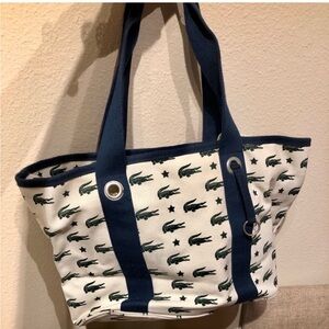 Lacoste Vintage Cream Canvas Tote with Navy Straps and Green Crocodile Print